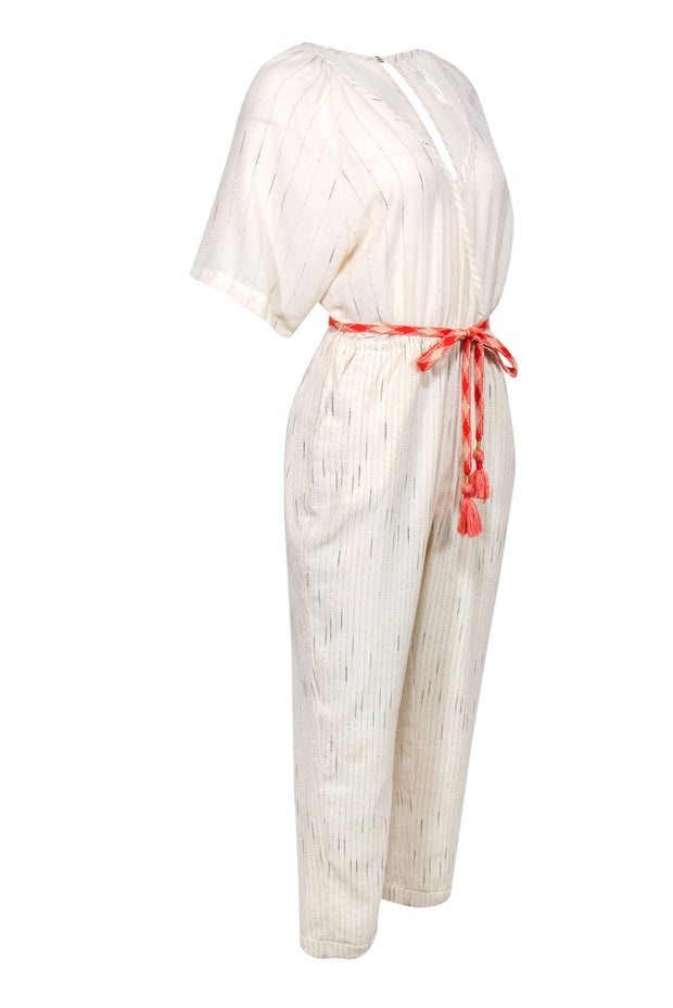 Current Boutique-Feather Bone by Anthropologie - Ivory & Black Striped Jumpsuit w/ Orange Aztec Print Belt Sz S