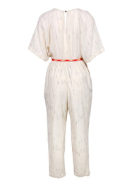 Current Boutique-Feather Bone by Anthropologie - Ivory & Black Striped Jumpsuit w/ Orange Aztec Print Belt Sz S