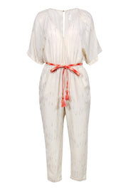 Current Boutique-Feather Bone by Anthropologie - Ivory & Black Striped Jumpsuit w/ Orange Aztec Print Belt Sz S