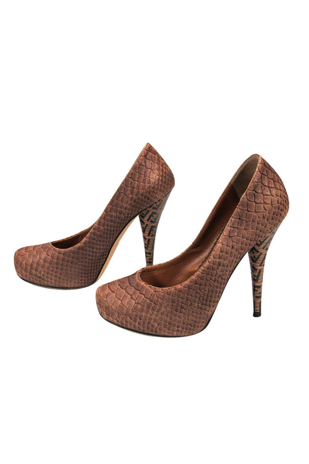 Current Boutique-Fendi - Brown Snakeskin Platform Pumps w/ Monogram Heels Sz 6.5