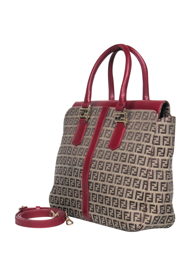 Current Boutique-Fendi - Tan Monogram Print Convertible Satchel w/ Red Leather Trim