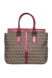 Current Boutique-Fendi - Tan Monogram Print Convertible Satchel w/ Red Leather Trim