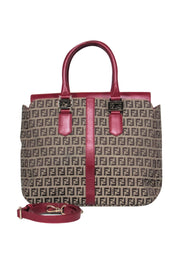 Current Boutique-Fendi - Tan Monogram Print Convertible Satchel w/ Red Leather Trim