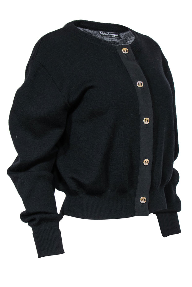 Current Boutique-Ferragamo - Black Cropped Knit Cardigan w/ Golden Buttons Sz L