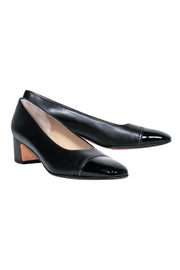 Current Boutique-Ferragamo - Black Leather Block Heel Pumps w/ Patent Leather Cap Toe Sz 7.5