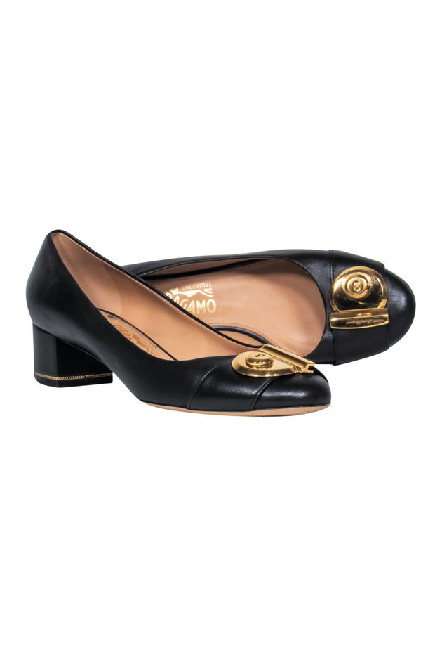 Current Boutique-Ferragamo - Black Leather Block Heeled Pumps w/ Gold Lock Sz 8