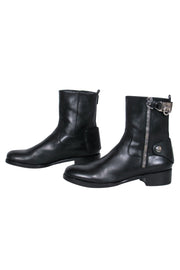 Current Boutique-Ferragamo - Black Leather "Rebel" Biker-Style Booties w/ Silver Hardware Sz 7.5