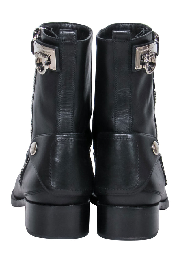 Current Boutique-Ferragamo - Black Leather "Rebel" Biker-Style Booties w/ Silver Hardware Sz 7.5