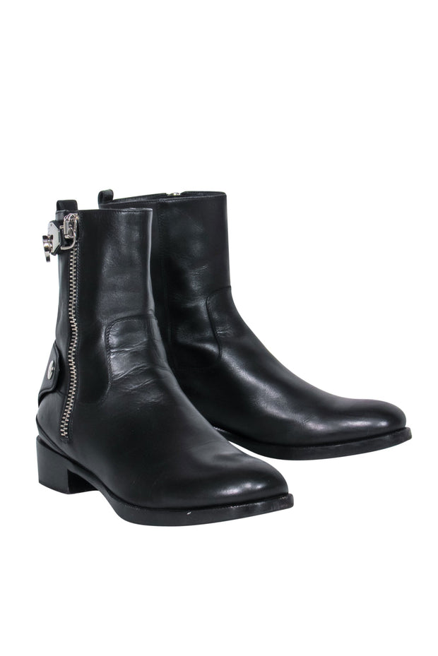 Current Boutique-Ferragamo - Black Leather "Rebel" Biker-Style Booties w/ Silver Hardware Sz 7.5