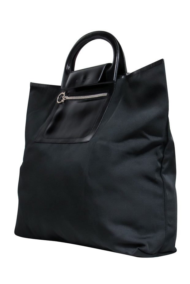 Current Boutique-Ferragamo - Black Nylon Tote w/ Patent Leather Trim & Top Handle