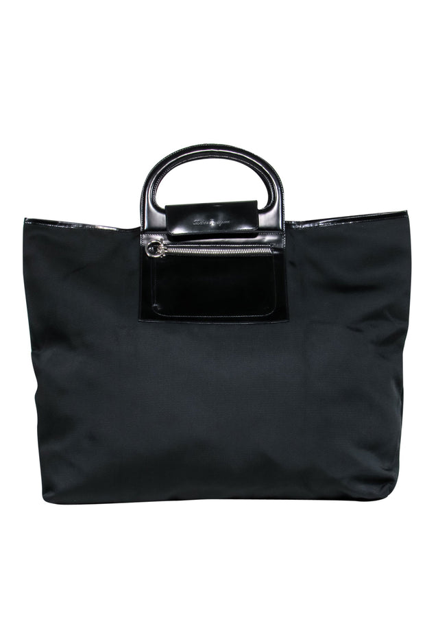 Current Boutique-Ferragamo - Black Nylon Tote w/ Patent Leather Trim & Top Handle