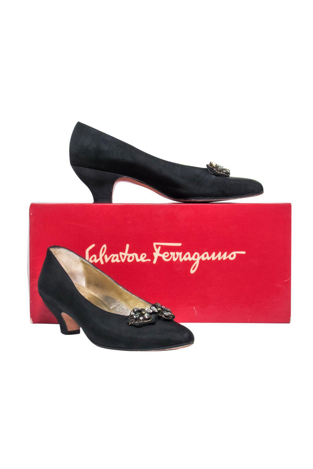 Current Boutique-Ferragamo - Black Satin Kitten Heels w/ Jeweled Applique Sz 6