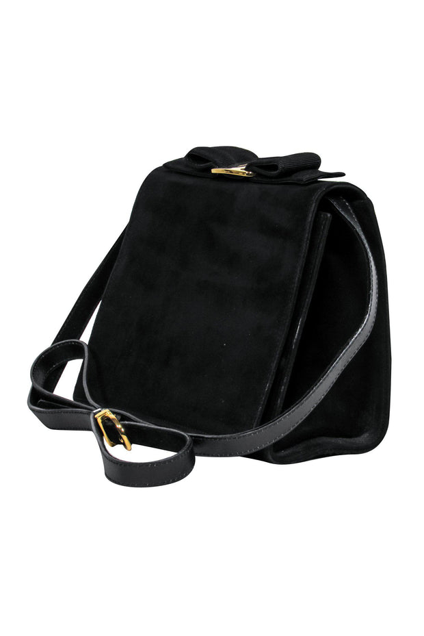 Current Boutique-Ferragamo - Black Suede Flap Crossbody w/ Bow Detail