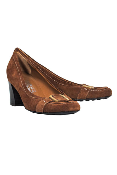 Current Boutique-Ferragamo - Brown Suede Loafer-Style Pumps w/ Buckle Design Sz 9