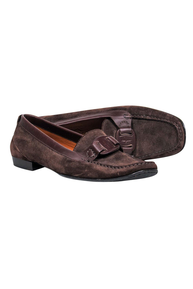 Current Boutique-Ferragamo - Brown Suede Loafers w/ Leather Strap Design Sz 9.5