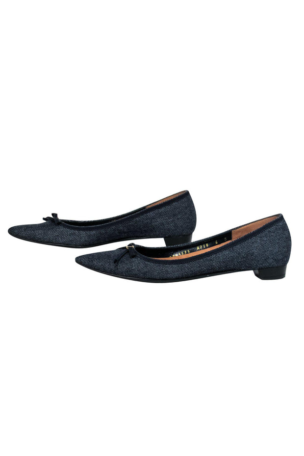 Current Boutique-Ferragamo - Chambray Pointed Toe Flats w/ Bow Sz 6