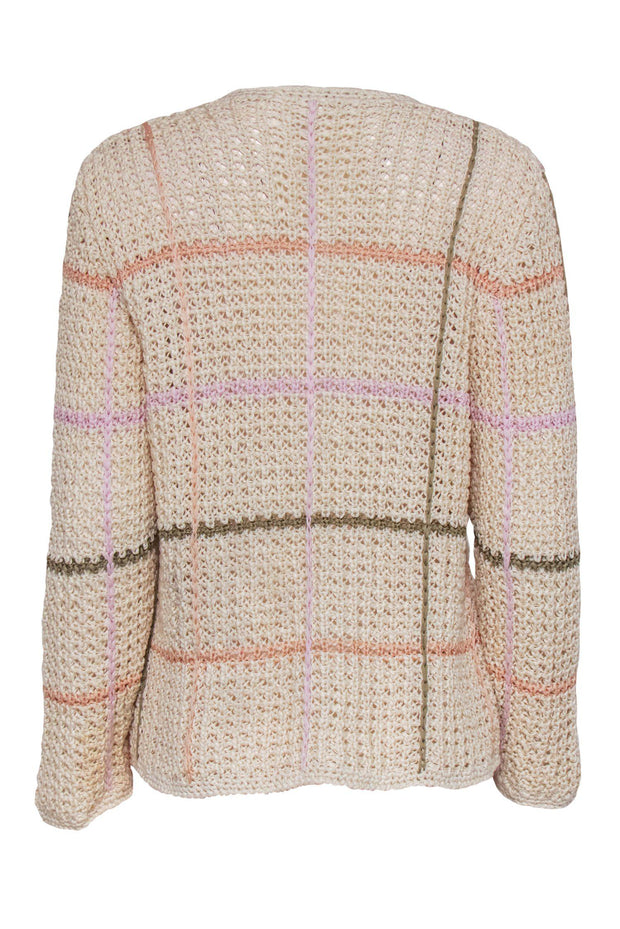 Current Boutique-Ferragamo - Cream & Multicolored Windowpane Open Knit Button-Up Cardigan Sz 6