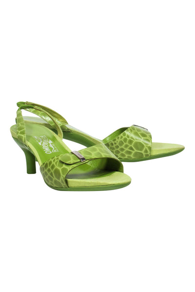 Current Boutique-Ferragamo - Light Green Reptile Embossed Slingback Kitten Heels Sz 11