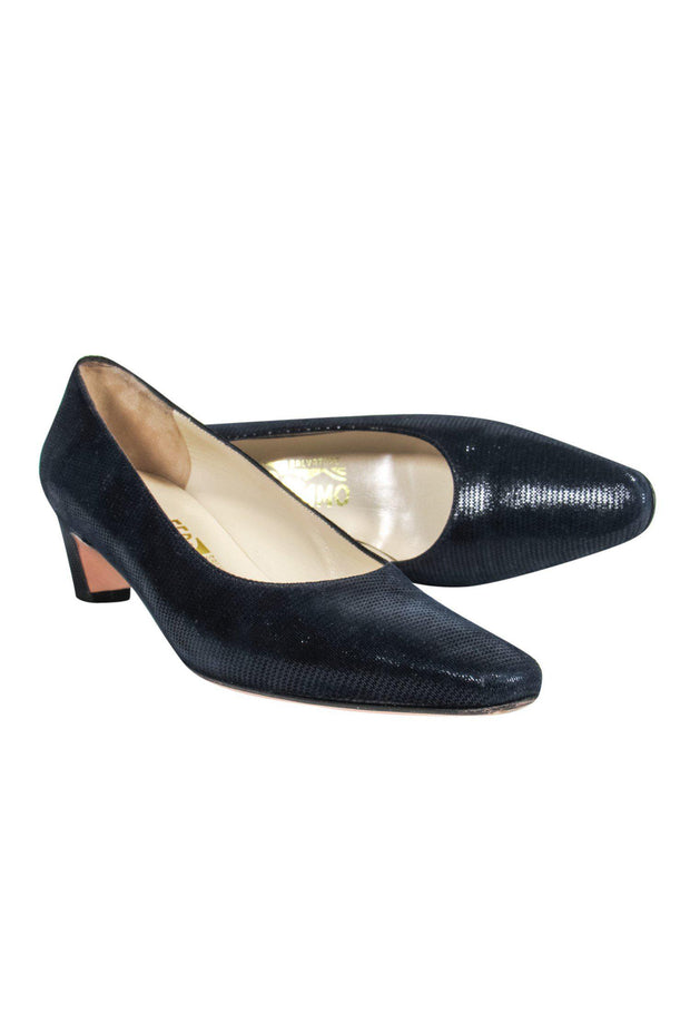 Current Boutique-Ferragamo - Navy Textured Shimmer Kitten Heels Sz 8