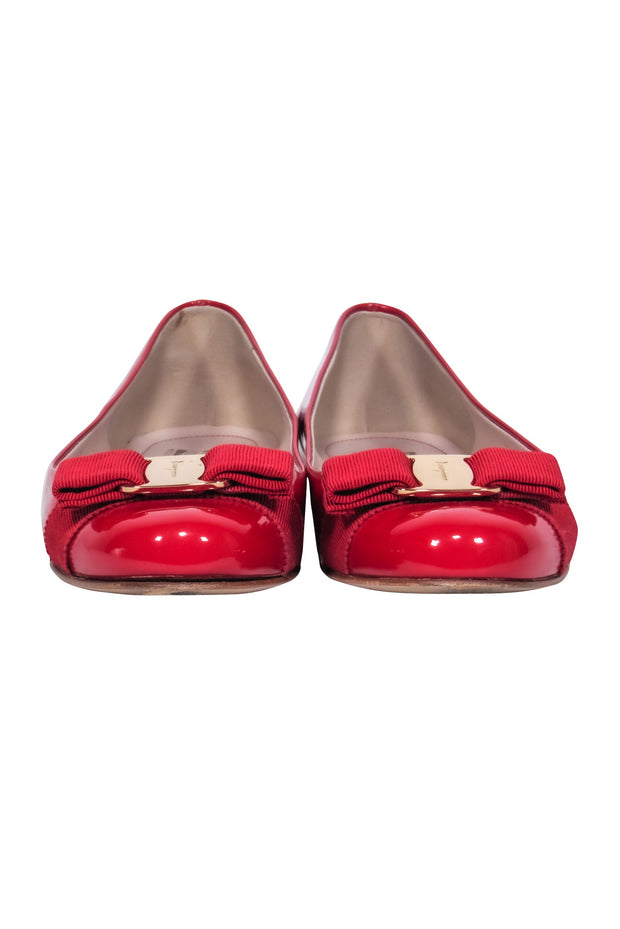 Current Boutique-Ferragamo - Red Patent Leather Ballet Flats w/ Bow Accent Sz 6