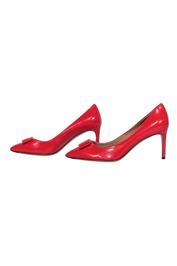 Current Boutique-Ferragamo - Red Shiny Leather "Erice" Pointed Toe Bow Pumps Sz 9.5