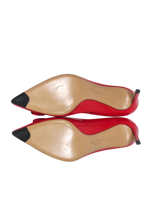 Current Boutique-Ferragamo - Red Shiny Leather "Erice" Pointed Toe Bow Pumps Sz 9.5