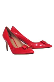 Current Boutique-Ferragamo - Red Shiny Leather "Erice" Pointed Toe Bow Pumps Sz 9.5