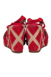 Current Boutique-Ferragamo - Red Suede Open Toe Strappy Slingback Wedges w/ Pattern Heels Sz 9