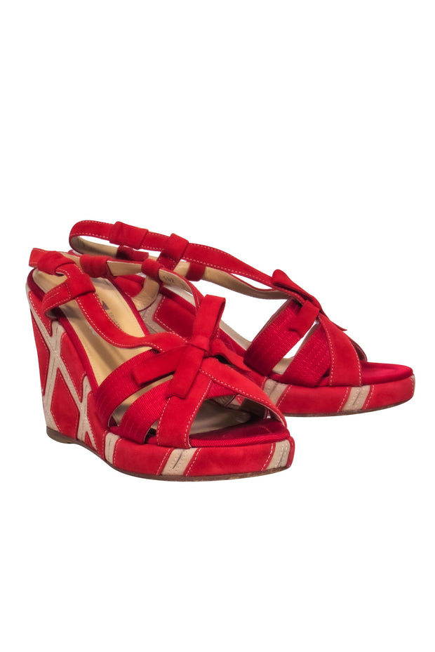 Current Boutique-Ferragamo - Red Suede Open Toe Strappy Slingback Wedges w/ Pattern Heels Sz 9