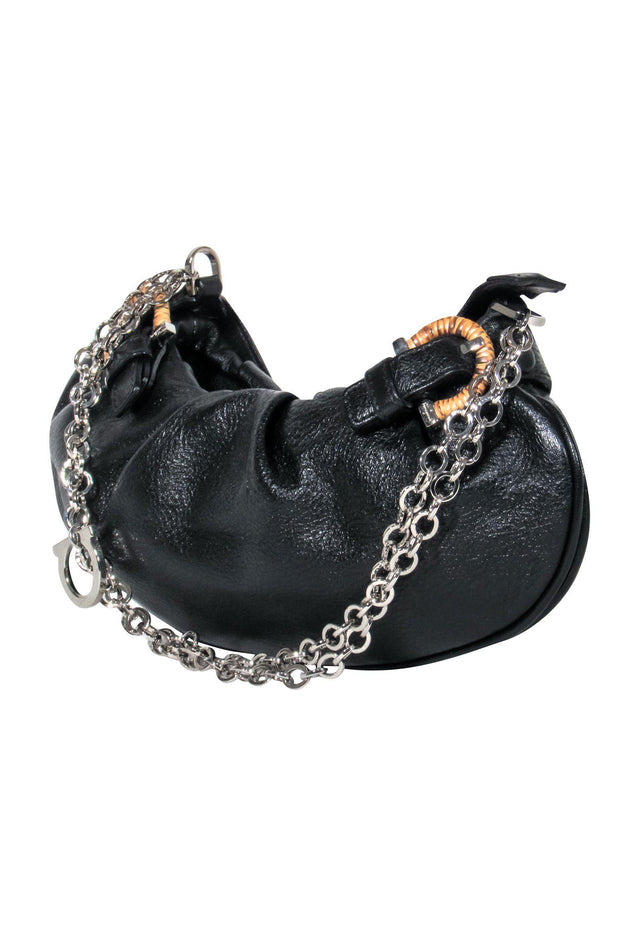 Current Boutique-Ferragamo - Small Black Textured Leather Baguette w/ Chain Strap