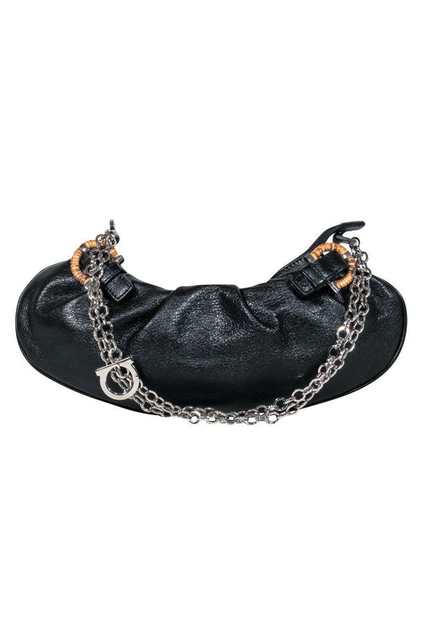 Current Boutique-Ferragamo - Small Black Textured Leather Baguette w/ Chain Strap