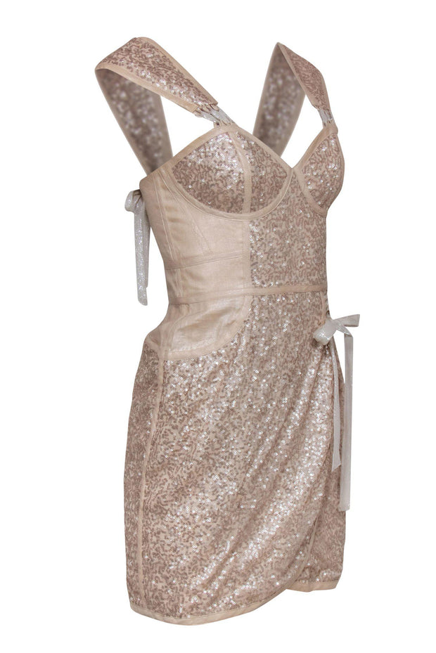 Current Boutique-Foley & Corinna - Beige Sequin Sleeveless Sheath Dress w/ Lace-Up Trim Sz XS