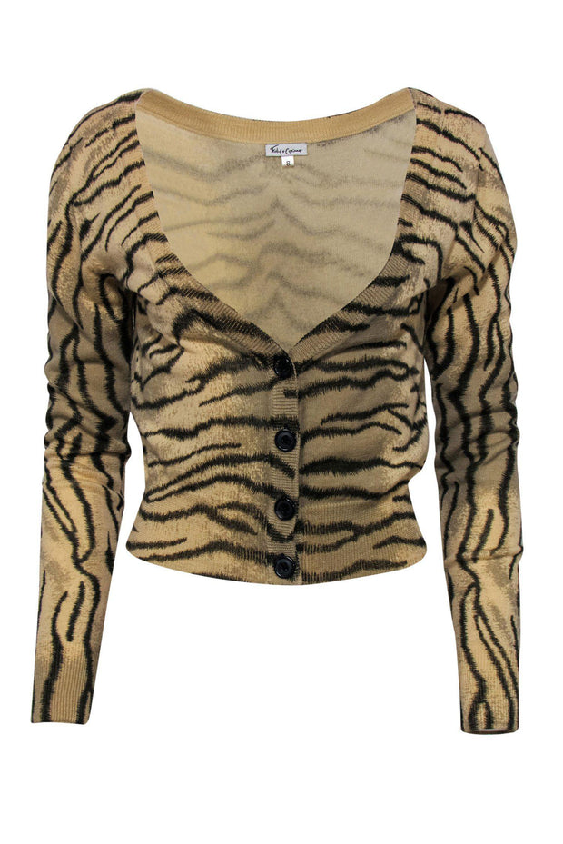 Current Boutique-Foley & Corinna - Beige Tiger Print Button-Up Cropped Wool Cardigan Sz S