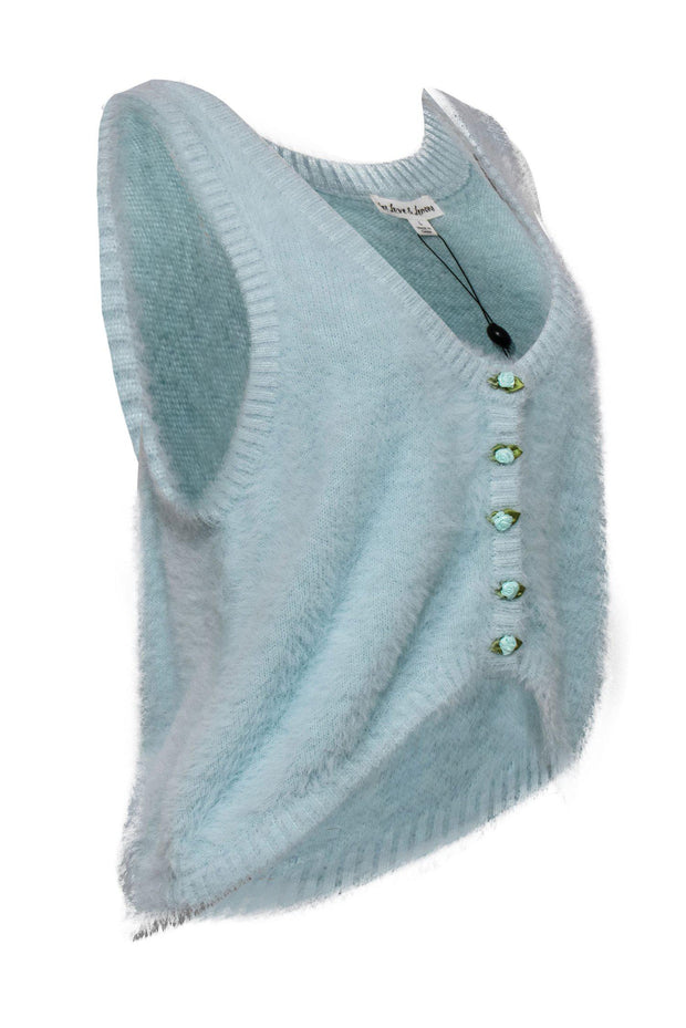 Current Boutique-For Love & Lemons - Baby Blue Fuzzy Knit Tank w/ Rose Buttons Sz L