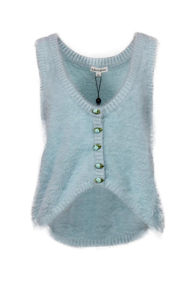 Current Boutique-For Love & Lemons - Baby Blue Fuzzy Knit Tank w/ Rose Buttons Sz L