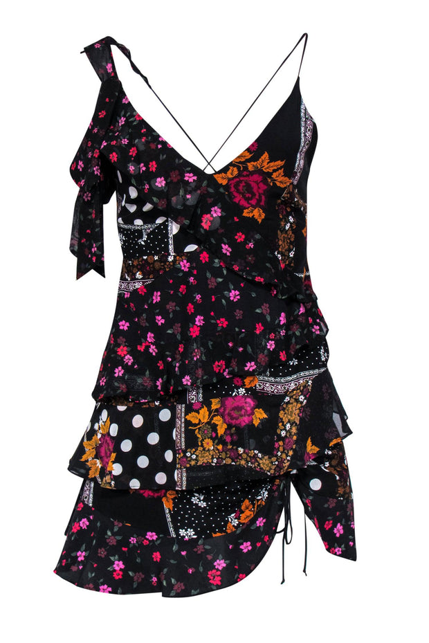 Current Boutique-For Love & Lemons - Black Floral Patchwork Printed Asymmetric Ruffled Dress Sz S