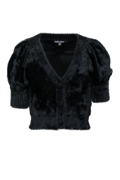 Current Boutique-For Love & Lemons - Black Fuzzy Cropped Puff Sleeve Button-Up Cardigan Sz XS