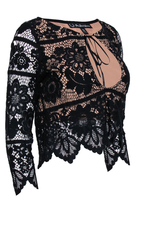 Current Boutique-For Love & Lemons - Black Lace Quarter Sleeve Cropped Blouse Sz S