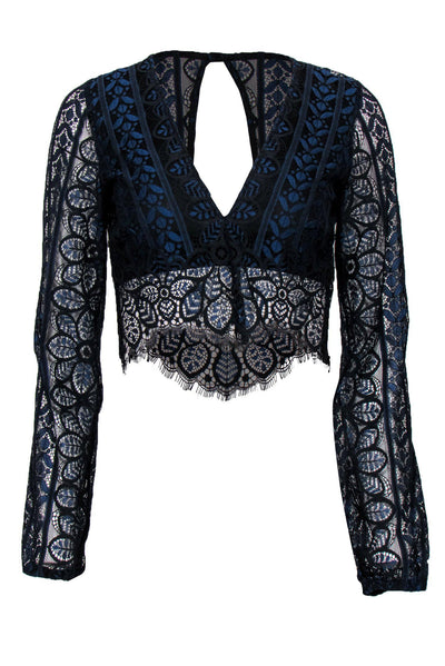 Current Boutique-For Love & Lemons - Navy & Black Floral Lace Long Sleeve Cropped Blouse Sz M