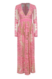 Current Boutique-For Love & Lemons - Nude Mesh & Pink Embroidered Plunge Gown w/ Bodysuit Sz M