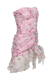 Current Boutique-For Love & Lemons - Pink Organza Rose Print Ruched Strapless Mini Dress Sz S