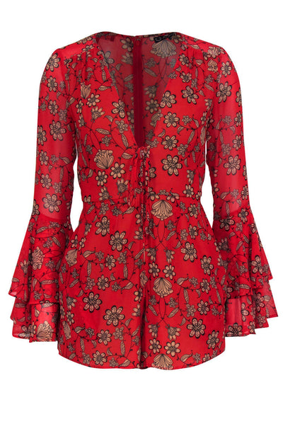 Current Boutique-For Love & Lemons - Red & Beige Floral Print Bell Sleeve Romper Sz XS