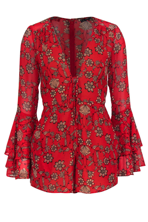 Current Boutique-For Love & Lemons - Red & Beige Floral Print Bell Sleeve Romper Sz XS