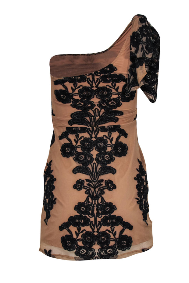 Current Boutique-For Love & Lemons - Tan & Black Embroidered One-Shoulder Bodycon Dress Sz XS