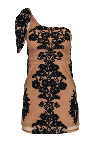 Current Boutique-For Love & Lemons - Tan & Black Embroidered One-Shoulder Bodycon Dress Sz XS