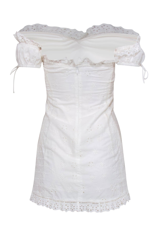 Current Boutique-For Love & Lemons - White Eyelet Off-the Shoulder Mini Dress w/ Lace-Up Detail Sz M