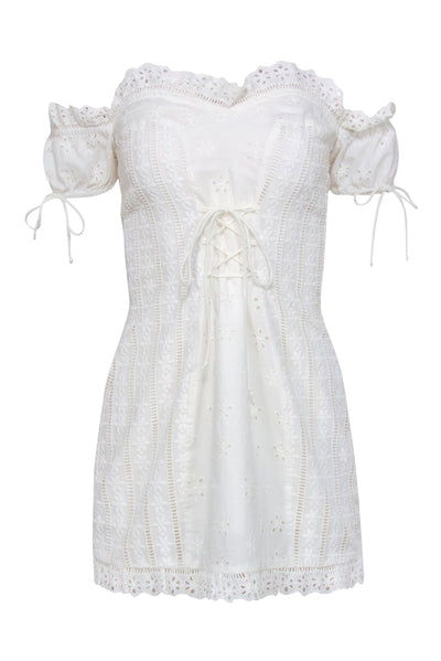 Current Boutique-For Love & Lemons - White Eyelet Off-the Shoulder Mini Dress w/ Lace-Up Detail Sz M