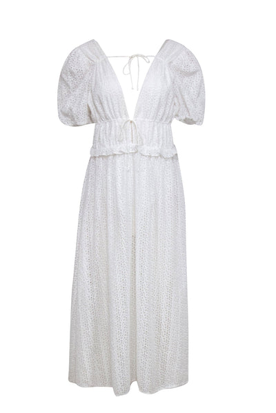 Current Boutique-For Love & Lemons - White Floral Eyelet Maxi Dress w/ Puff Sleeves Sz L