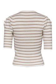 Current Boutique-Frame - Cream Ribbed 3/4 Sleeve Top w/ Brown & Gold Stripes Sz S