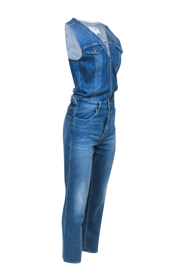 Current Boutique-Frame - Light Wash Sleeveless Straight Leg Denim Jumpsuit Sz M